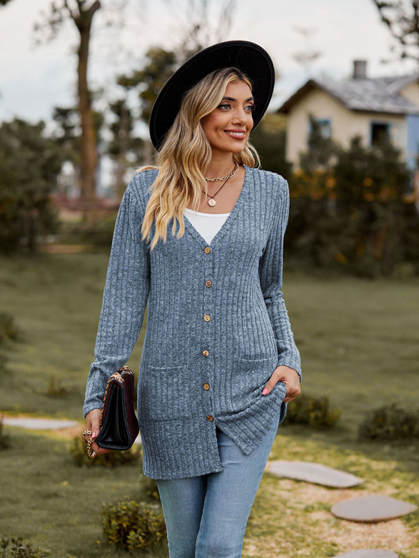 Cardigans- Rib-Knit Button-Up Cardigan with Pockets- - Pekosa Women Clothing