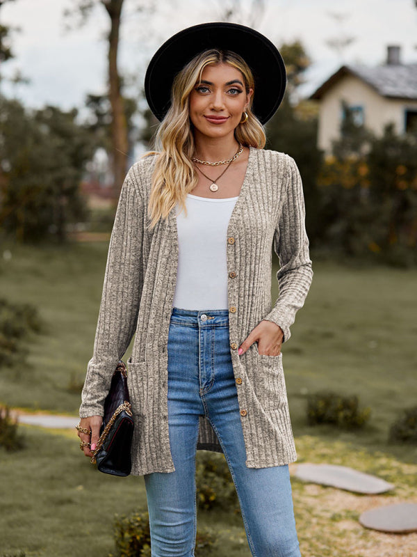 Cardigans- Rib-Knit Button-Up Cardigan with Pockets- Khaki- Pekosa Women Clothing