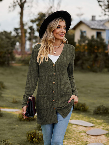 Cardigans- Rib-Knit Button-Up Cardigan with Pockets- Olive green- Pekosa Women Clothing