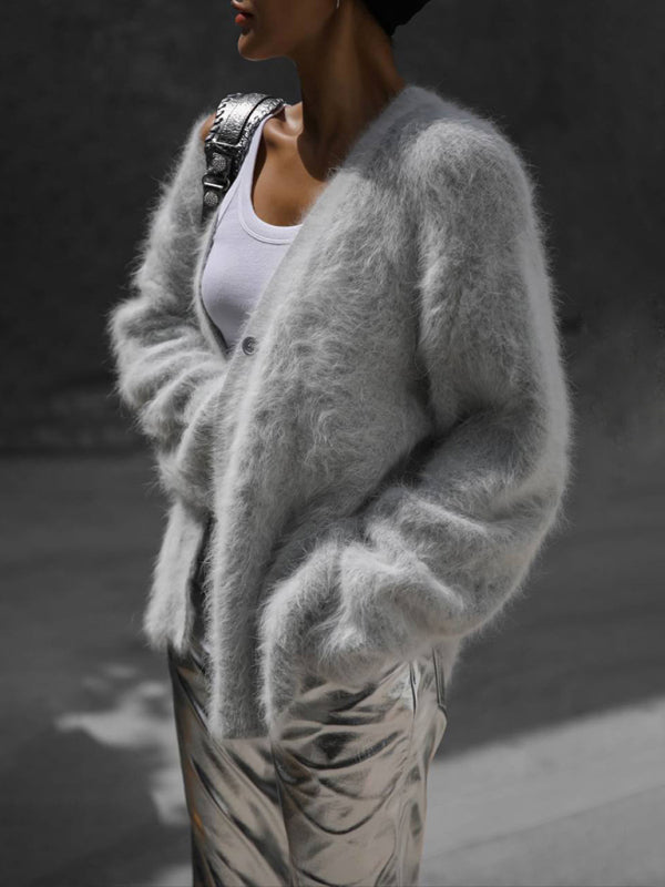 Cardigans- Soft Fluffy Cardigan | Winter Fuzzy Button-Up Sweater- - Pekosa Women Clothing