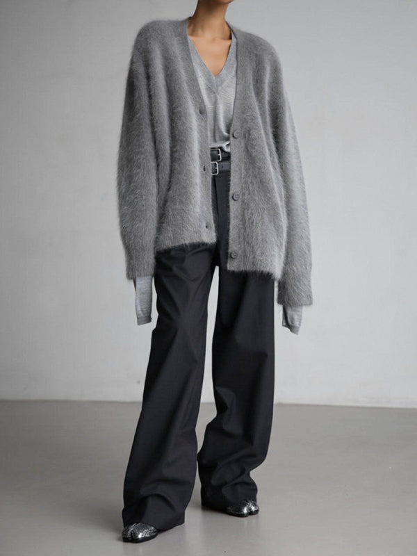 Cardigans- Soft Fluffy Cardigan | Winter Fuzzy Button-Up Sweater- - Pekosa Women Clothing