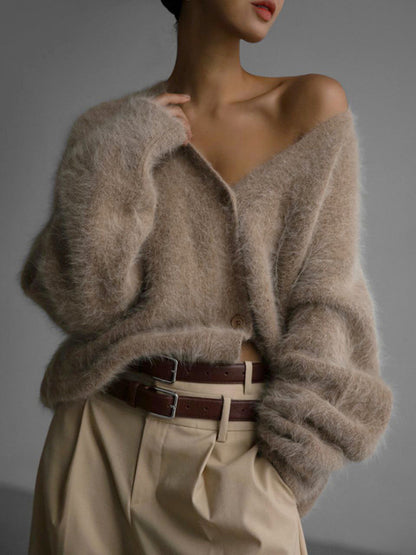 Cardigans- Soft Fluffy Cardigan | Winter Fuzzy Button-Up Sweater- - Pekosa Women Clothing