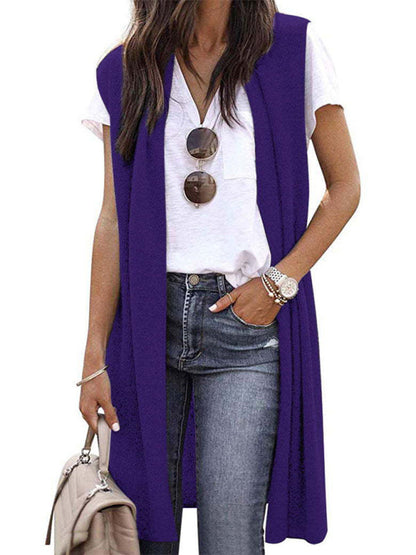 Cardigans- Solid Mid-Length Sleeveless Cardigan Vest with Open Front- Purple- Pekosa Women Clothing