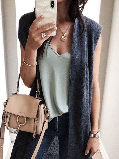 Cardigans- Solid Mid-Length Sleeveless Cardigan Vest with Open Front- Charcoal grey- Pekosa Women Clothing