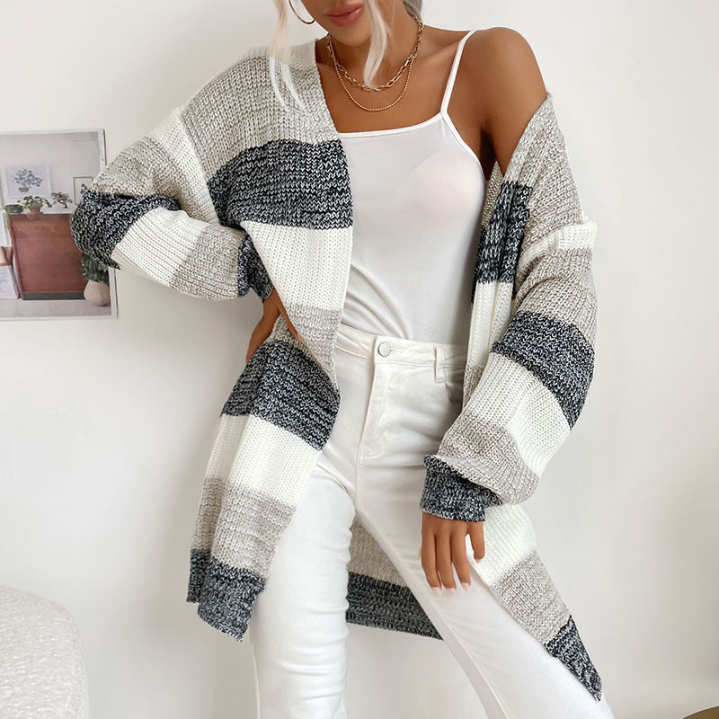 Cardigans- Trendy Buttonless Cardigan - Women's Winter Knitted Sweater Jacket- Grey- Pekosa Women Clothing