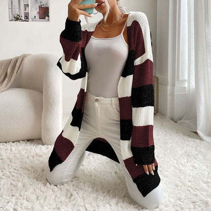 Cardigans- Trendy Buttonless Cardigan - Women's Winter Knitted Sweater Jacket- Wine Red- Pekosa Women Clothing