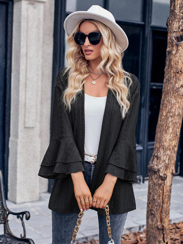 Cardigans- Trendy Eyelet Cardigan - Women's Knit Sweater with Bell Sleeves- - Pekosa Women Clothing