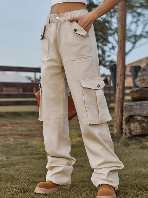 Cargo Trousers- Solid Denim Elastic High-Rise Cargo Trousers - Pants- - Pekosa Women Clothing