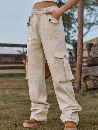 Cargo Trousers- Solid Denim Elastic High-Rise Cargo Trousers - Pants- - Pekosa Women Clothing