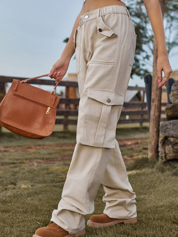 Cargo Trousers- Solid Denim Elastic High-Rise Cargo Trousers - Pants- - Pekosa Women Clothing