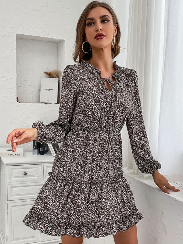 Casual Dresses- Floral Frill V-Neck Dress with Tiered Ruffles & Long Sleeves- - Pekosa Women Clothing