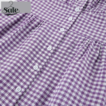Casual Dresses- Purple Square Neck A-Line Mini Dress in Summer Plaid with Puff Sleeves- - Chuzko Women Clothing