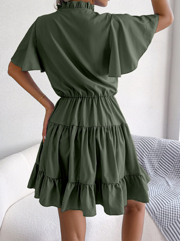 Casual Dresses- Solid Short Sleeve V-Neck A-Line Dress for Summer- - Pekosa Women Clothing