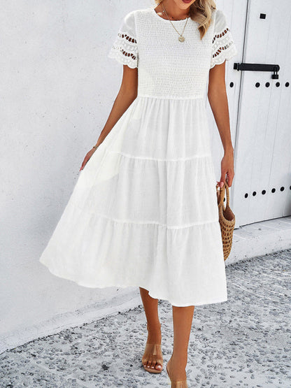Casual Dresses- Textured Tiered Smocked Midi Dress with Lace Short Sleeves- - Pekosa Women Clothing