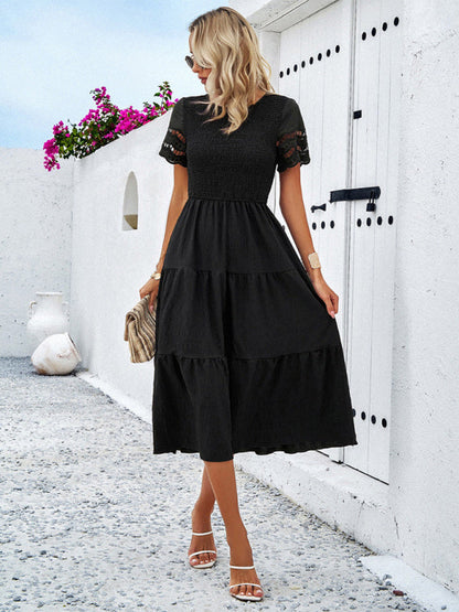 Casual Dresses- Textured Tiered Smocked Midi Dress with Lace Short Sleeves- - Pekosa Women Clothing
