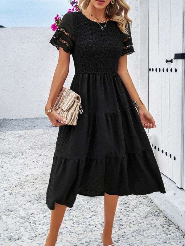 Casual Dresses- Textured Tiered Smocked Midi Dress with Lace Short Sleeves- - Pekosa Women Clothing
