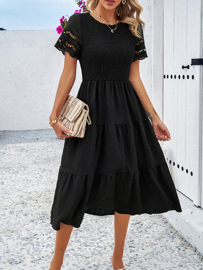 Casual Dresses- Textured Tiered Smocked Midi Dress with Lace Short Sleeves- - Pekosa Women Clothing