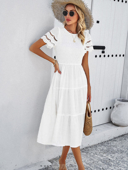 Casual Dresses- Textured Tiered Smocked Midi Dress with Lace Short Sleeves- - Pekosa Women Clothing