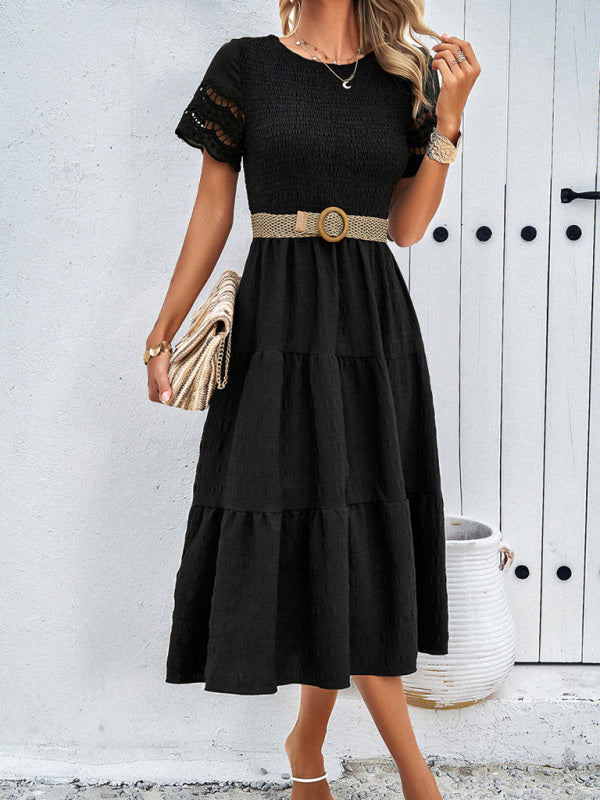 Casual Dresses- Textured Tiered Smocked Midi Dress with Lace Short Sleeves- - Pekosa Women Clothing