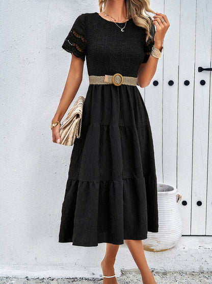 Casual Dresses- Textured Tiered Smocked Midi Dress with Lace Short Sleeves- - Pekosa Women Clothing