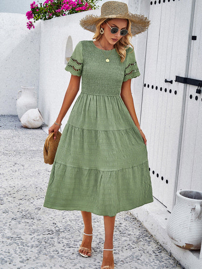 Casual Dresses- Textured Tiered Smocked Midi Dress with Lace Short Sleeves- - Pekosa Women Clothing