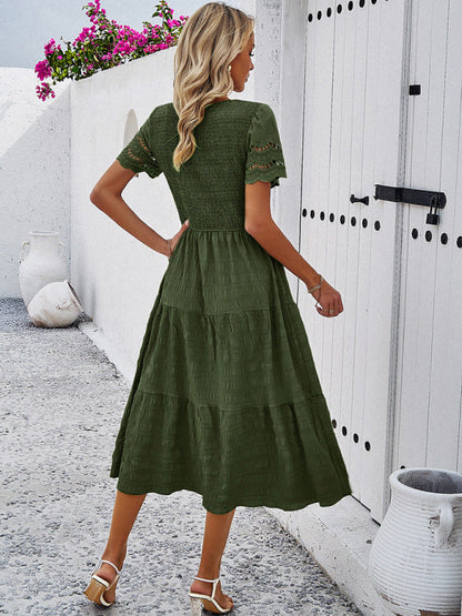 Casual Dresses- Textured Tiered Smocked Midi Dress with Lace Short Sleeves- - Pekosa Women Clothing