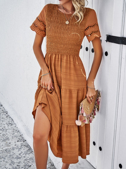 Casual Dresses- Textured Tiered Smocked Midi Dress with Lace Short Sleeves- Brown- Pekosa Women Clothing