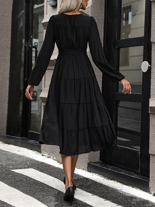 Casual Dresses- Tiered Solid A-Line Button-Up Midi Dress with Long Sleeves- - Pekosa Women Clothing
