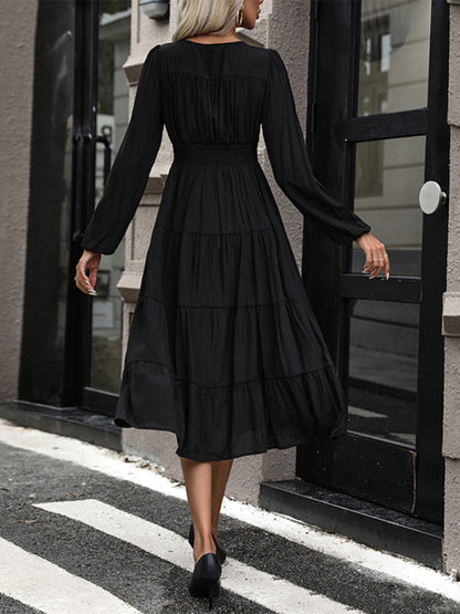 Casual Dresses- Tiered Solid A-Line Button-Up Midi Dress with Long Sleeves- - Pekosa Women Clothing