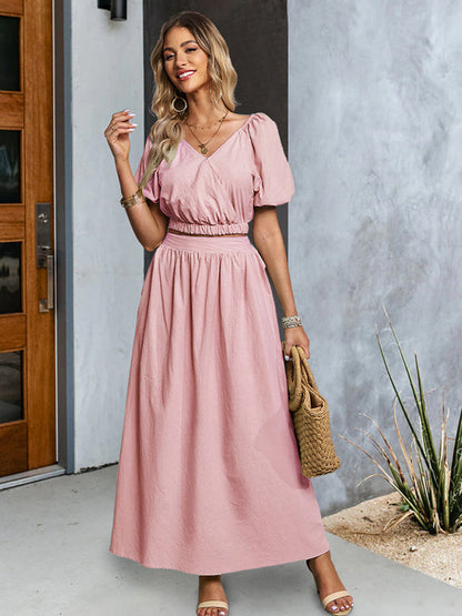 Casual Outfits- Solid Summer 2-Piece Set | Short Puff Sleeves Top & Maxi Skirt- - Pekosa Women Clothing