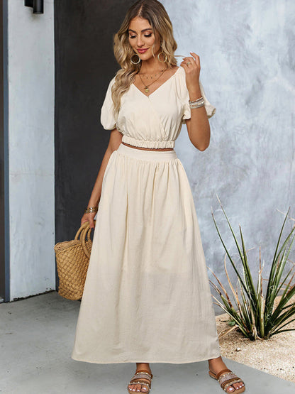 Casual Outfits- Solid Summer 2-Piece Set | Short Puff Sleeves Top & Maxi Skirt- Cream- Pekosa Women Clothing
