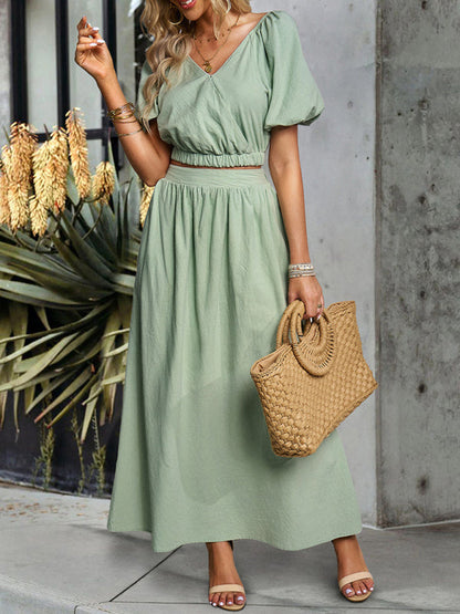 Casual Outfits- Solid Summer 2-Piece Set | Short Puff Sleeves Top & Maxi Skirt- - Pekosa Women Clothing