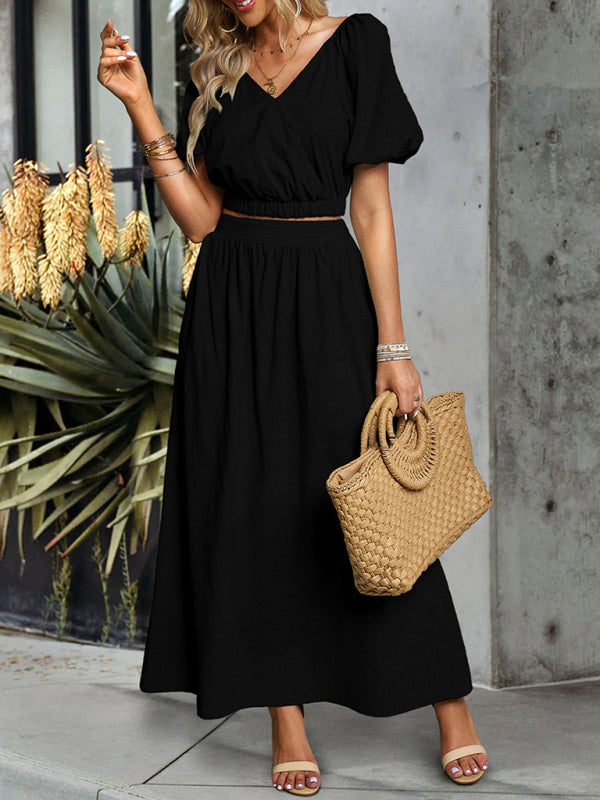 Casual Outfits- Solid Summer 2-Piece Set | Short Puff Sleeves Top & Maxi Skirt- - Pekosa Women Clothing