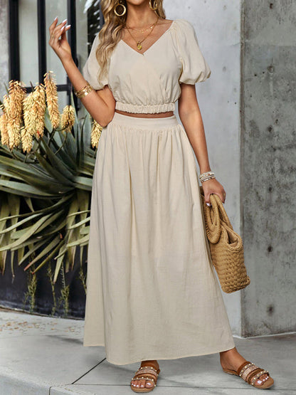 Casual Outfits- Solid Summer 2-Piece Set | Short Puff Sleeves Top & Maxi Skirt- - Pekosa Women Clothing