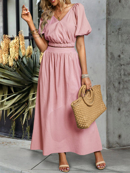 Casual Outfits- Solid Summer 2-Piece Set | Short Puff Sleeves Top & Maxi Skirt- - Pekosa Women Clothing