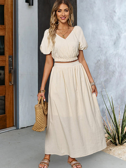 Casual Outfits- Solid Summer 2-Piece Set | Short Puff Sleeves Top & Maxi Skirt- - Pekosa Women Clothing