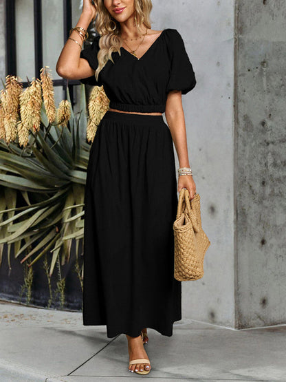 Casual Outfits- Solid Summer 2-Piece Set | Short Puff Sleeves Top & Maxi Skirt- - Pekosa Women Clothing