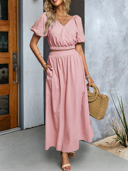 Casual Outfits- Solid Summer 2-Piece Set | Short Puff Sleeves Top & Maxi Skirt- - Pekosa Women Clothing