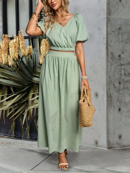 Casual Outfits- Solid Summer 2-Piece Set | Short Puff Sleeves Top & Maxi Skirt- - Pekosa Women Clothing