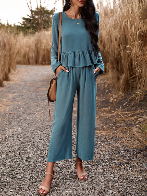 Casual Outfits- Women's Textured Relax Fit Long Sleeve Blouse and Pants 2-Piece for Everyday- Acid blue- Pekosa Women Clothing