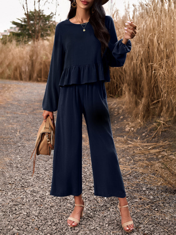 Casual Outfits- Women's Textured Relax Fit Long Sleeve Blouse and Pants 2-Piece for Everyday- Purplish blue navy- Pekosa Women Clothing