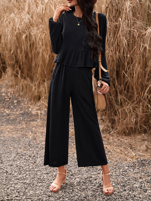 Casual Outfits- Women's Textured Relax Fit Long Sleeve Blouse and Pants 2-Piece for Everyday- - Pekosa Women Clothing