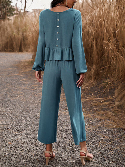 Casual Outfits- Women's Textured Relax Fit Long Sleeve Blouse and Pants 2-Piece for Everyday- - Pekosa Women Clothing