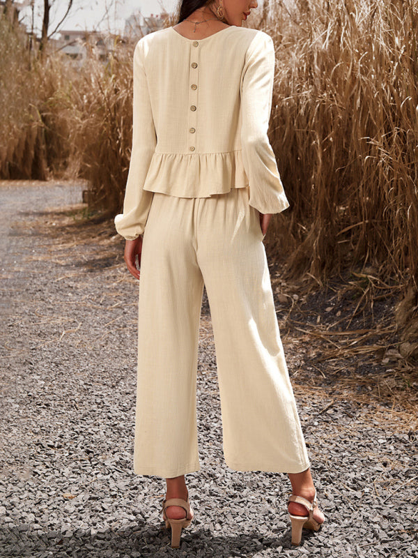 Casual Outfits- Women's Textured Relax Fit Long Sleeve Blouse and Pants 2-Piece for Everyday- - Pekosa Women Clothing