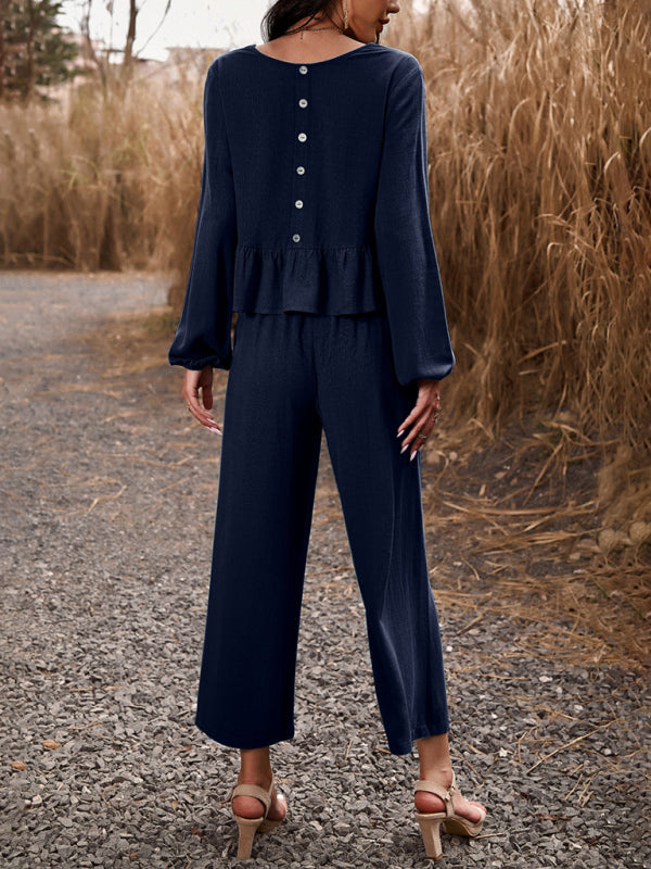 Casual Outfits- Women's Textured Relax Fit Long Sleeve Blouse and Pants 2-Piece for Everyday- - Pekosa Women Clothing