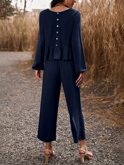 Casual Outfits- Women's Textured Relax Fit Long Sleeve Blouse and Pants 2-Piece for Everyday- - Pekosa Women Clothing