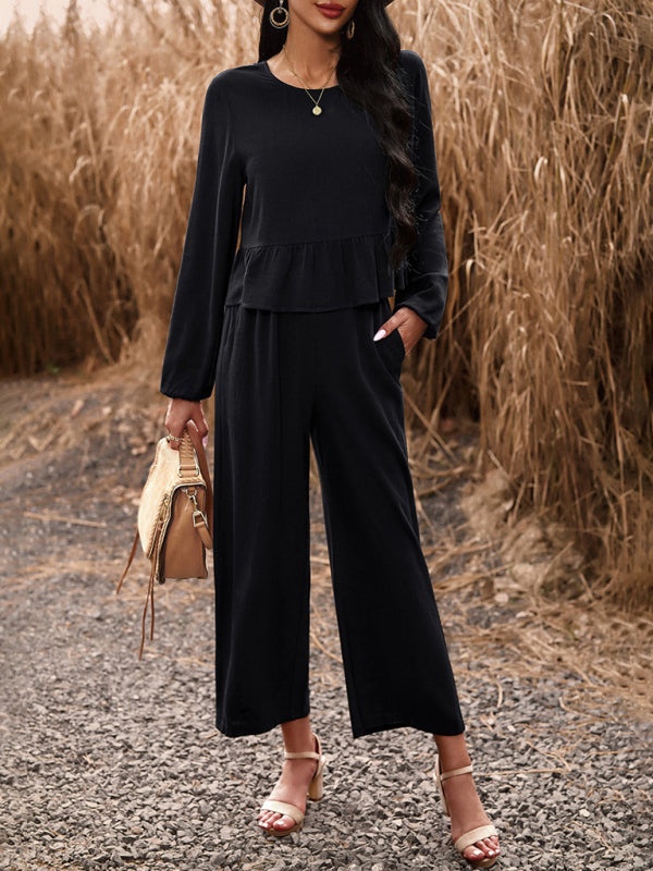 Casual Outfits- Women's Textured Relax Fit Long Sleeve Blouse and Pants 2-Piece for Everyday- - Pekosa Women Clothing