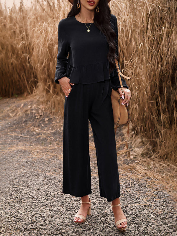 Casual Outfits- Women's Textured Relax Fit Long Sleeve Blouse and Pants 2-Piece for Everyday- - Pekosa Women Clothing