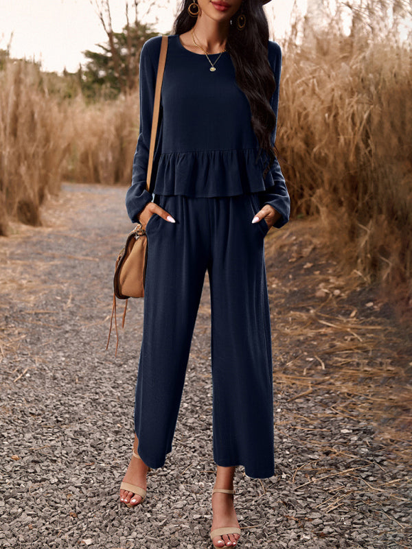 Casual Outfits- Women's Textured Relax Fit Long Sleeve Blouse and Pants 2-Piece for Everyday- - Pekosa Women Clothing