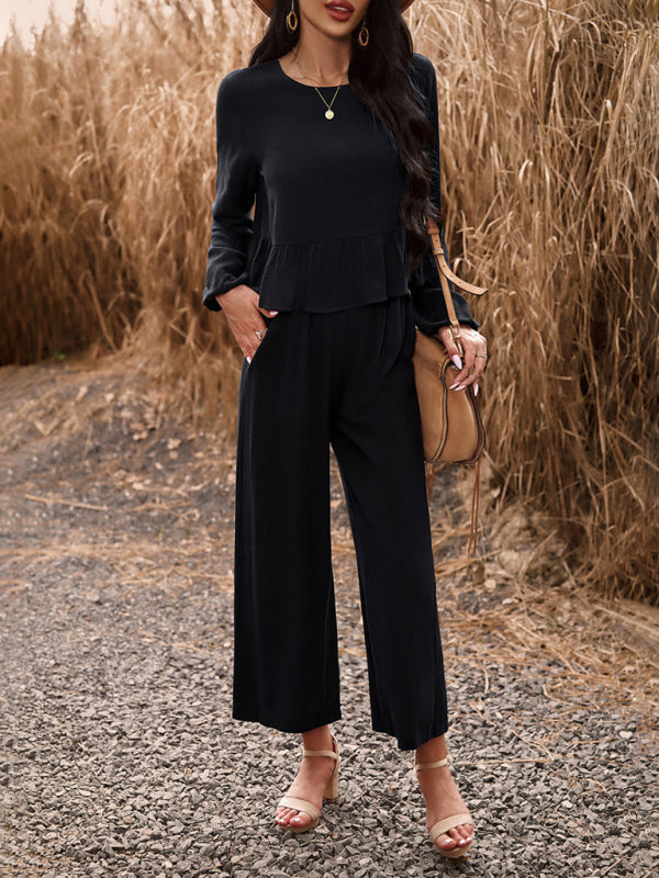 Casual Outfits- Women's Textured Relax Fit Long Sleeve Blouse and Pants 2-Piece for Everyday- - Pekosa Women Clothing